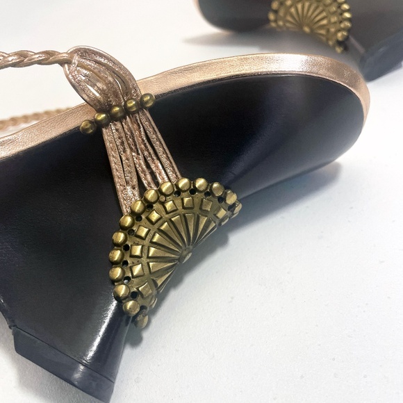 JIMMY CHOO: Rose-gold 'Geisha' braided leather, ankle-wrap wedge. Size 37/37.5. - Picture 8 of 11